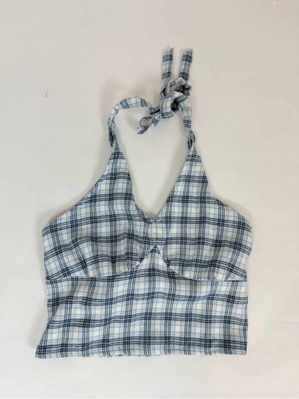 Hollister Light Blue and White Smocked Plaid Halter Top